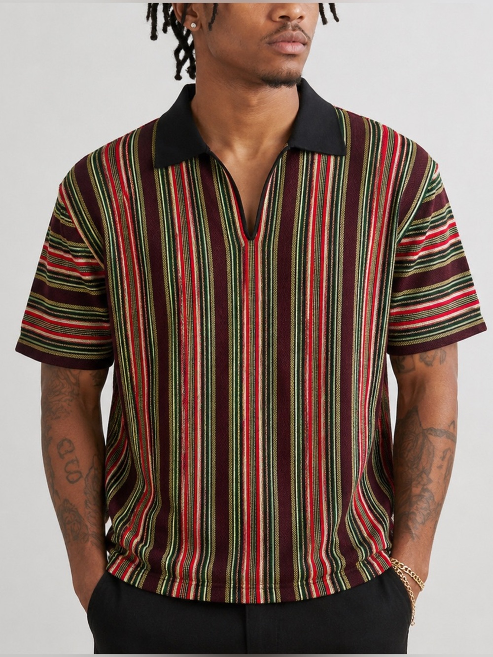 Denim Tears Knit Polo short sleeve v neck Multi Stripe Shirt men's Size XL